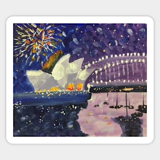 Sydney Harbour New Year Eve Fireworks 2, a painting by Geoff Hargraves Sticker